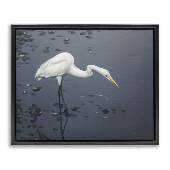 Stupell Industries Coastal Graceful Egret in Lake Black Floating Frame Canvas Art, 21 x 17, by D. Rust