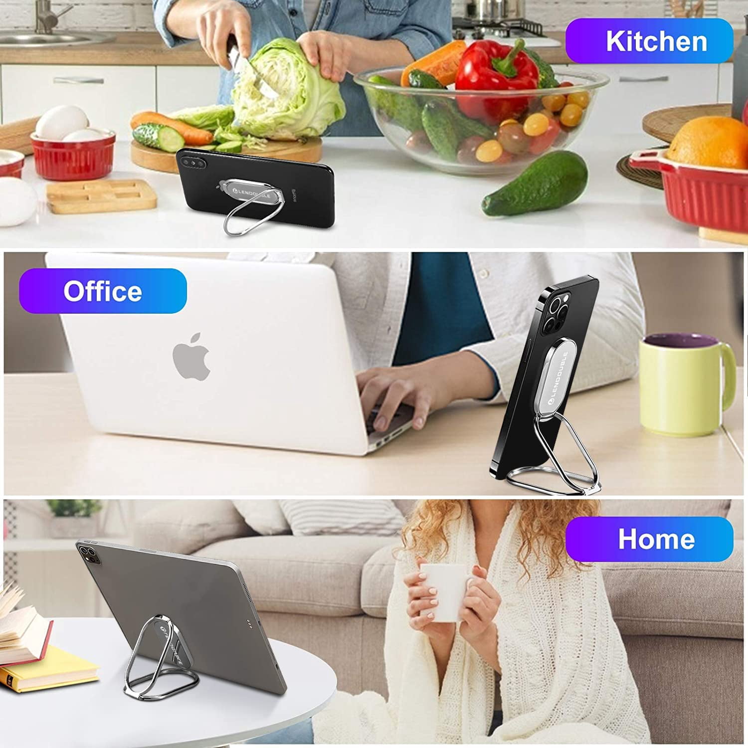 MKEUDQ-Foldable Cell Phone Stand for Desk, Adjustable Cellphone Ring Holder Finger Kickstand for Office Desktop & Magnetic Car Mount, Rotatable Multi-Angle Hand Grip for iPhone 16 15 Smartphones Back