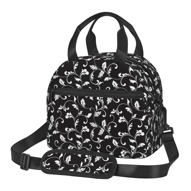 Balery Black White Leaves Bolsa de Almuerzo Impresa, Caja de Almuerzo Reutilizable, Bolsa Térmica Aislada para Almuerzo, Bolsa Antiderrames