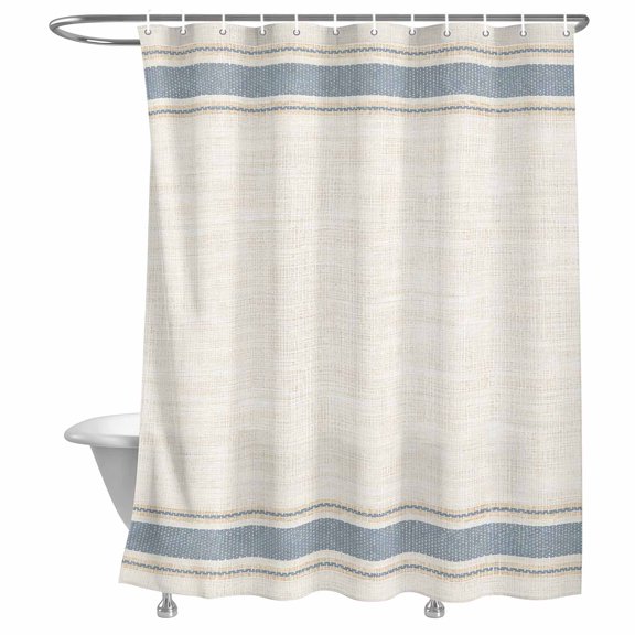 Bathroom Shower Curtain Minimalist Blue Beige Striped Waterproof Shower Curtains with Hooks, Minimalist Linen Texture Bath Curtains Bathtub Curtain Home Decor 72x72in