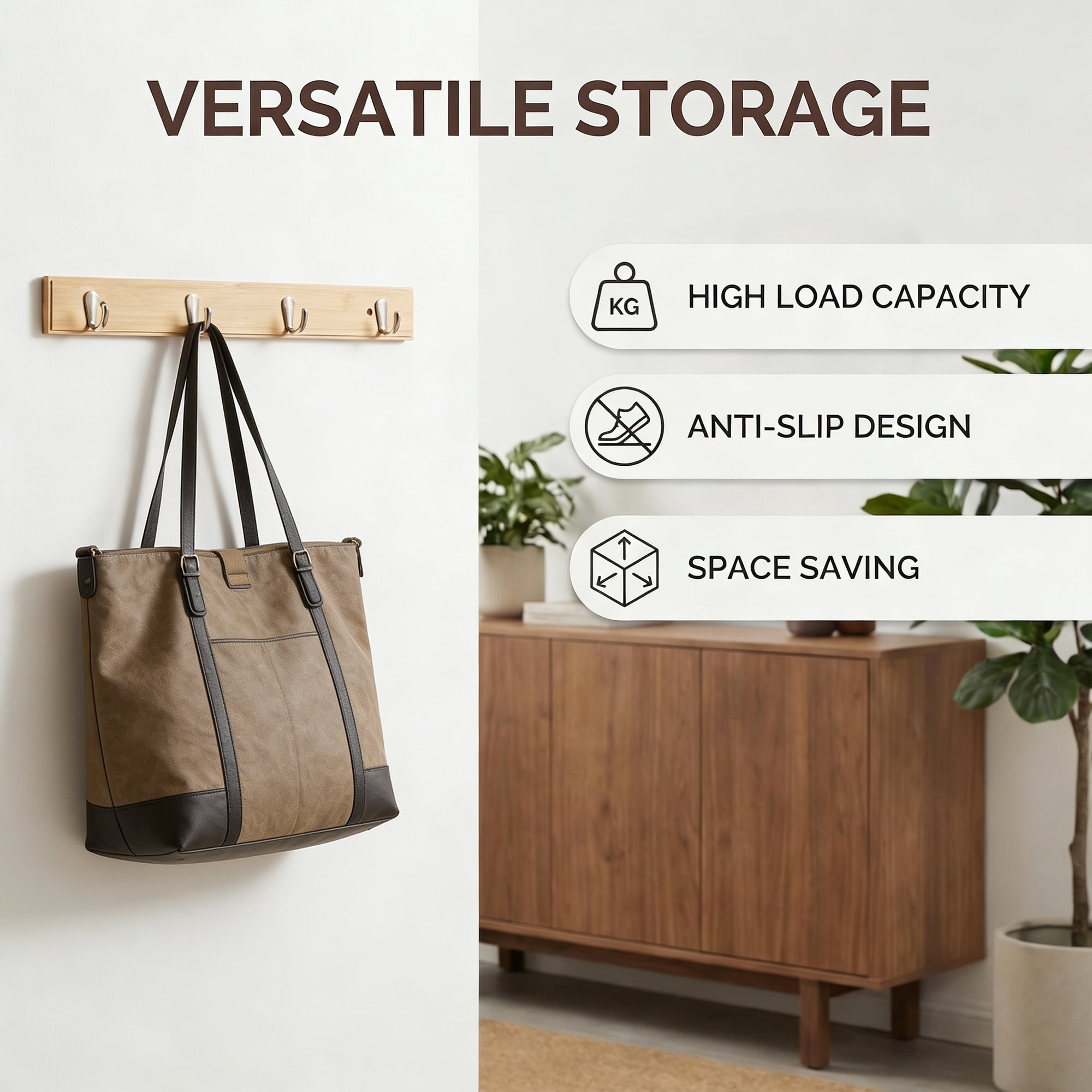 Unique Bargains Coat Rack Wall Mount Wood Hook Hat Rack for Entryway Natural 19.1"x2.4"