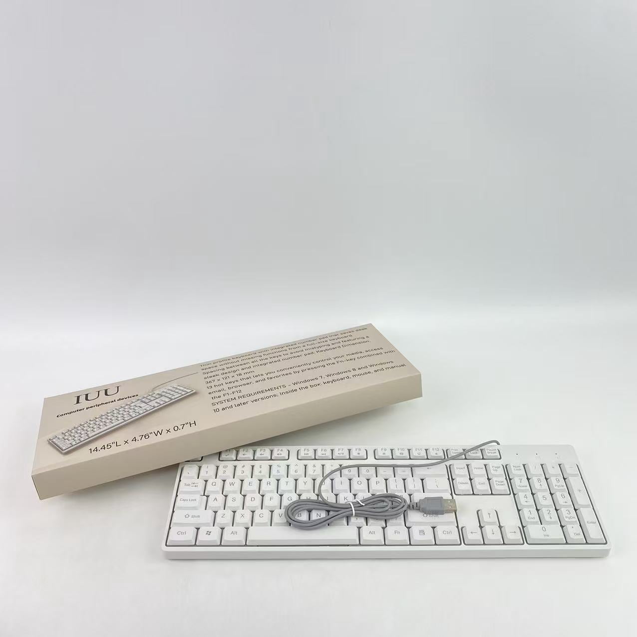 IUU Computer peripheral devices,Wired Quiet USB Keyboard - 14.45x4.76x0.70 Inches - Compact Design with Number Pad - White - US English