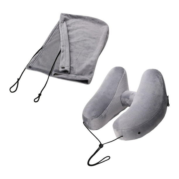 Almohada inflable para el cuello de viaje para coche o avión con bolsa de transporte desmontable. Gris
