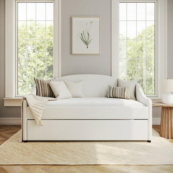 Martha Stewart Twin Upholstered Platform Daybed with Pull Out Trundle, Cushioned Headboard, Footboard, Side Rails, Trundle, No Box Spring Required, Off-White