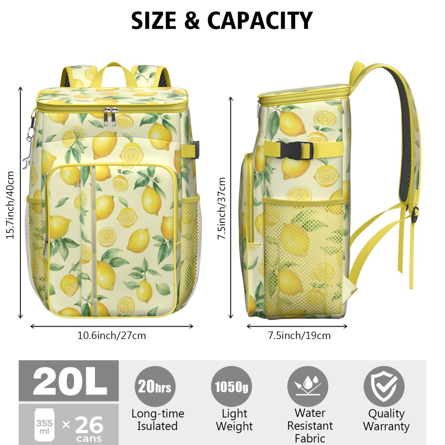 Travel Cooler Bag - Lemon Camping Beer Cooler Backpack with Bottle Opener- Waterproof Insulated Picnic Backpacks - Cooler Bag for Beach