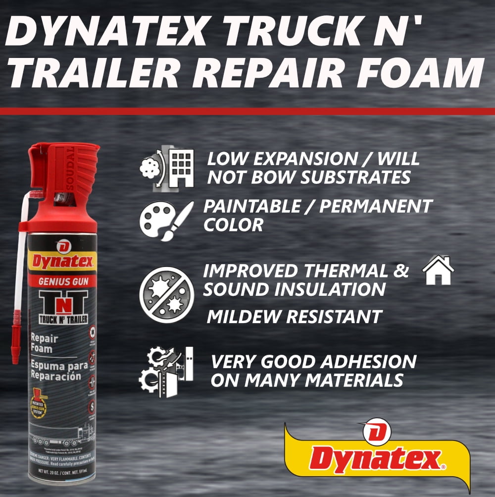 Dynatex Truck N Trailer Repair Foam 20 oz Can w/ Genius Gun - Low Pressure Expansion, Sound & Thermal Insulation, Reusable Up to 6 Weeks (Single)