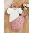 thumbnail image 3 of Biekopu Infant Baby Girl Summer Clothes, Solid Color Fly Sleeve Round Neck Tops + Flower Pattern Suspender Jumpsuit + Bow Headband, 3 of 9