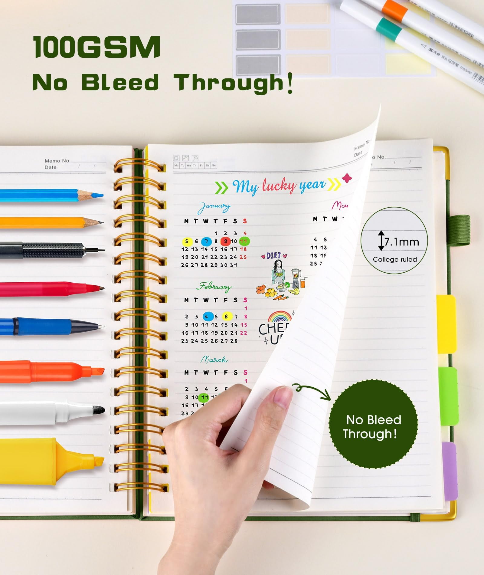 Notebook Journal with Removable Dividers Tabs, 300 Pages Leather 5 Subject Notebook College Ruled, 8"x10" Large B5 Notebooks for Work School Note taking, Lined Journal for Women