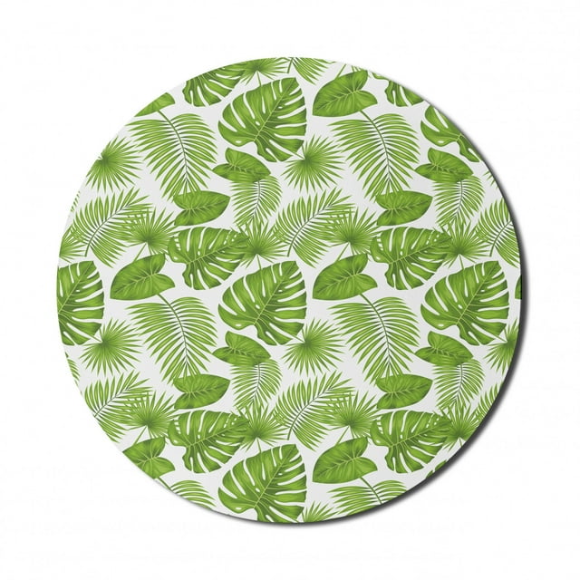 Exotic Mouse Pad for Computers, Repeating Tropical Forest Themed Pattern of Summer Season Nature Leaves, Round Non-Slip Thick Rubber Modern Mousepad, 8" Round, White and Fern Green, by Ambesonne