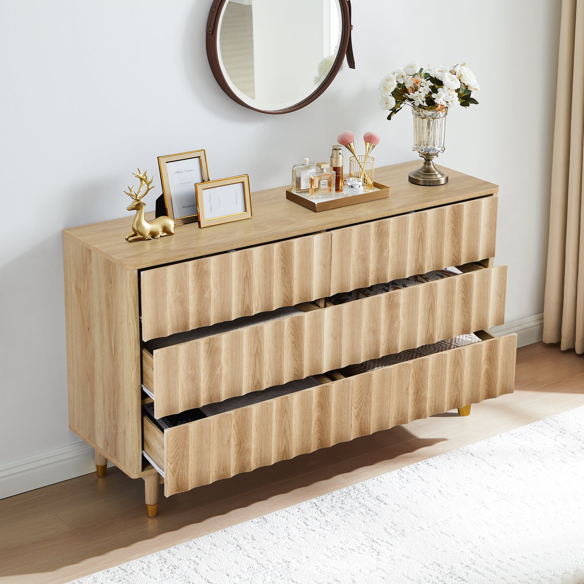 LEFHDA 53" Dresser Fluted 6 Drawer Dresser, Large Modern Chest of Drawers, Wide Wood Storage Dressers Organizer Storage Cabinet for Bedroom Living Room Hallway Entryway
