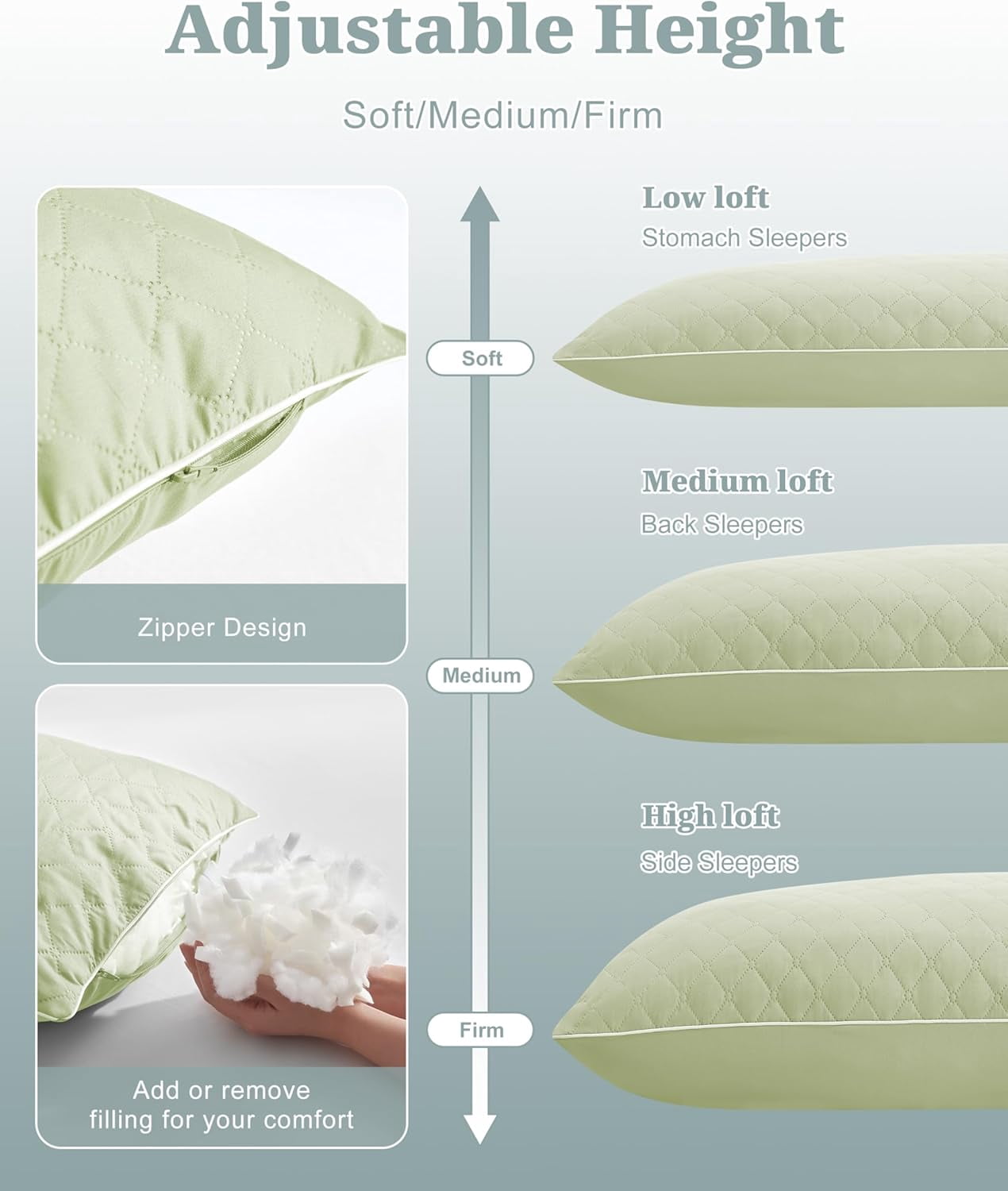 Parojati Long Body Pillow for Adults - Firm Body Pillow Insert with Shredded White Memory Foam, Adjustable Height, Soft Support for Side Sleeping, Pregnant Women, Washable (Green, 20x54 inch)