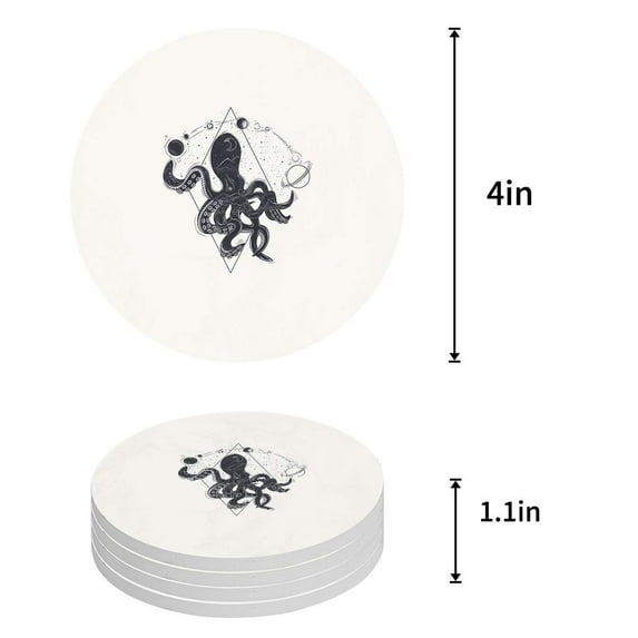 FMSHPON Octopus Set of 6 Round Coaster for Drinks, Absorbent Ceramic Stone Coasters Cup Mat with Cork Base for Home Kitchen Room Coffee Table Bar Decor