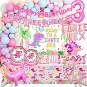 Pink Dinosaur Party Supplies For Girls 3rd Birthday Decorations Three Inspired Rex Dino Balloons Banner Dino Cake Topper Cupcake Toppers Girls 3rd Pink Dinosaur Decor