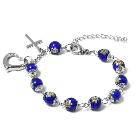Millefiori Glass Cross Shop LC Round Bead Strand Murano Millefiori Glass Station Link Charm Bracelet Prayer Religious Cross Heart Charms Bracelet Bangles for Women Jewelry Gift 7
