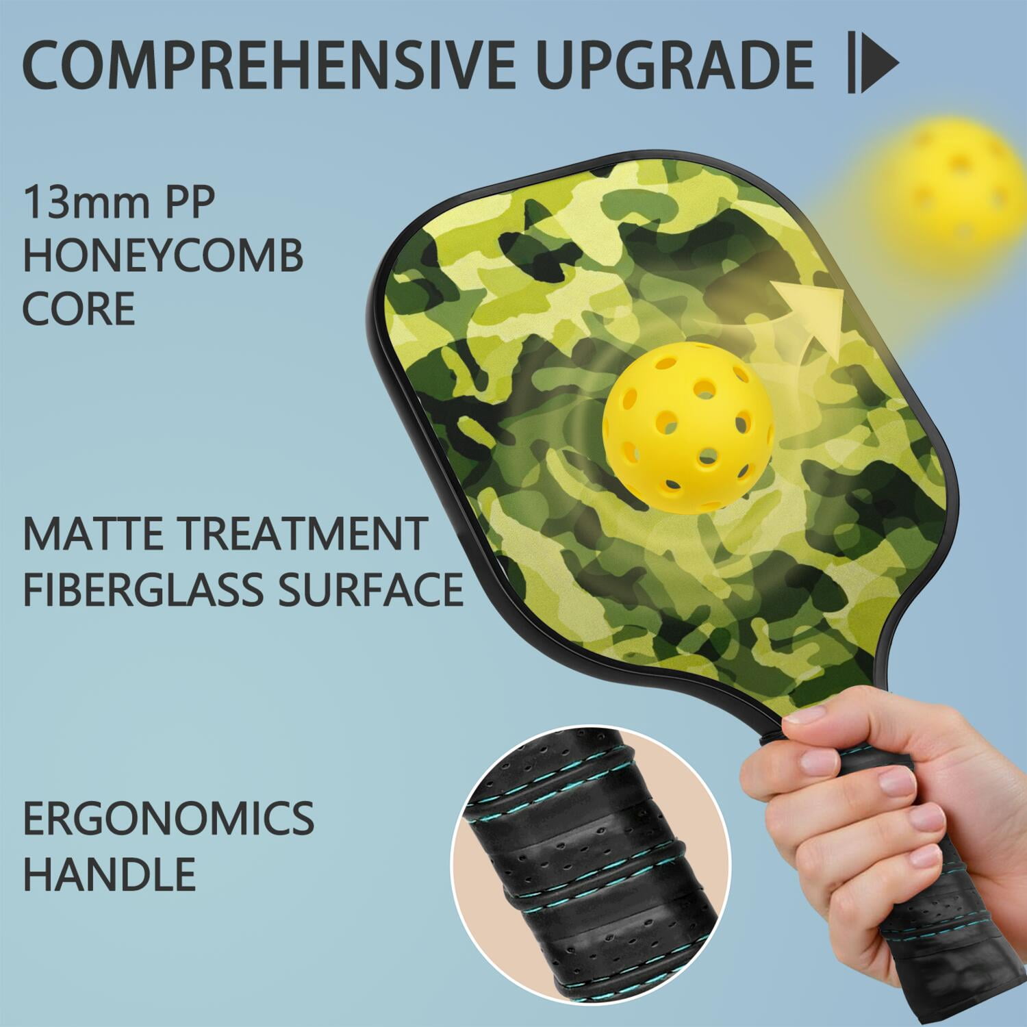 Pickleball Paddles Set Of 1, Fiberglass Surface, Camouflage Print, 1 Paddle, 2 Balls & Bag