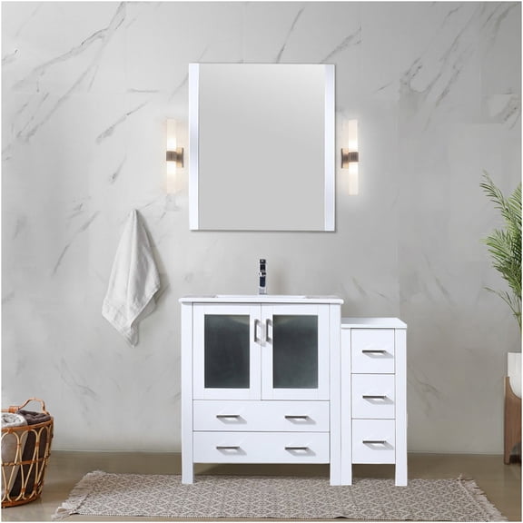 JERFIT 42 Inch White Bathroom Vanity with Ceramic Top, Soft Close Cabinet & Drawers, Single Hole Faucet Base