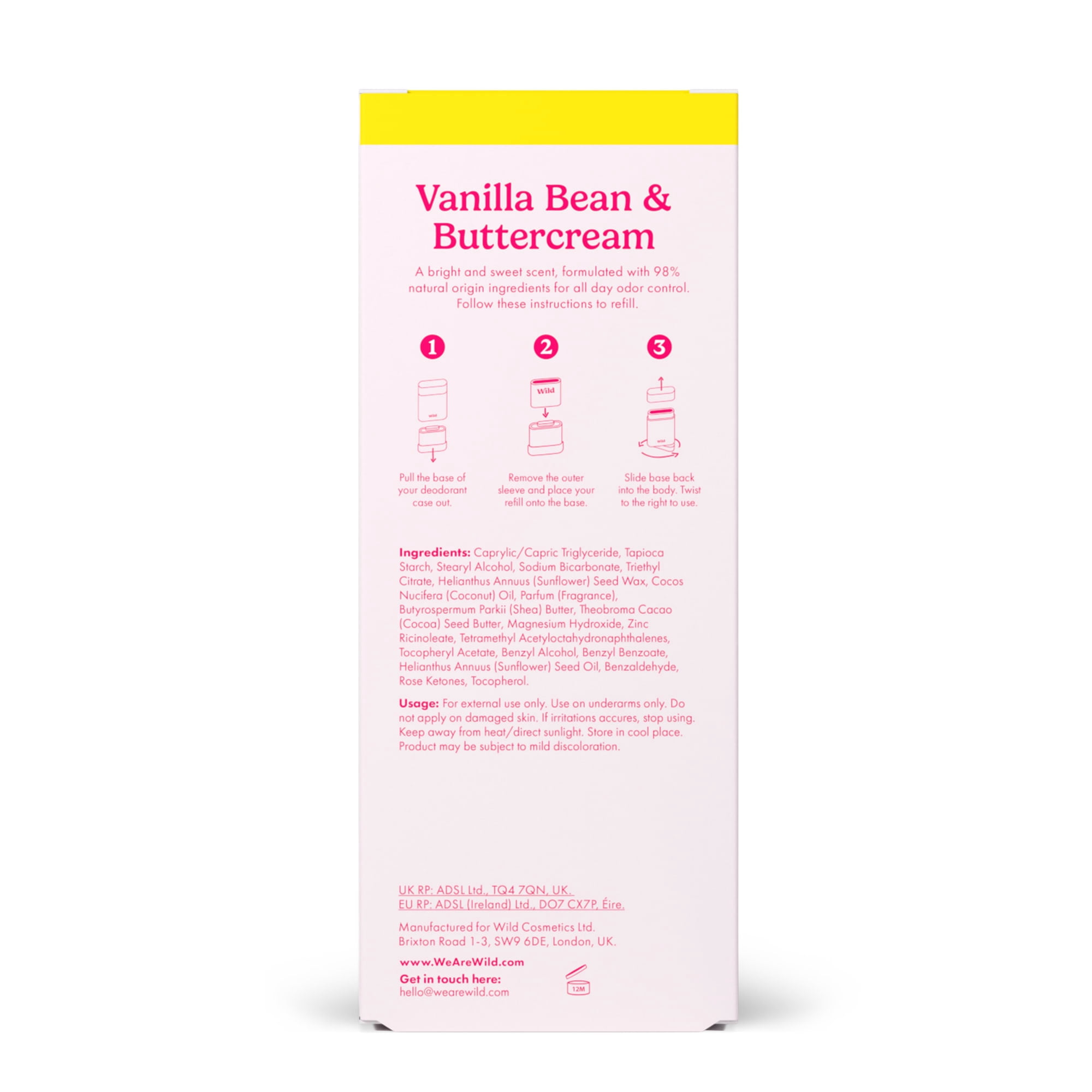 Wild Refillable Deodorant Starter Pack – Aluminum Free. Cath Kidston Birds & Berries Case + Vanilla Bean & Buttercream Refill, for Women and Men, 1.4oz
