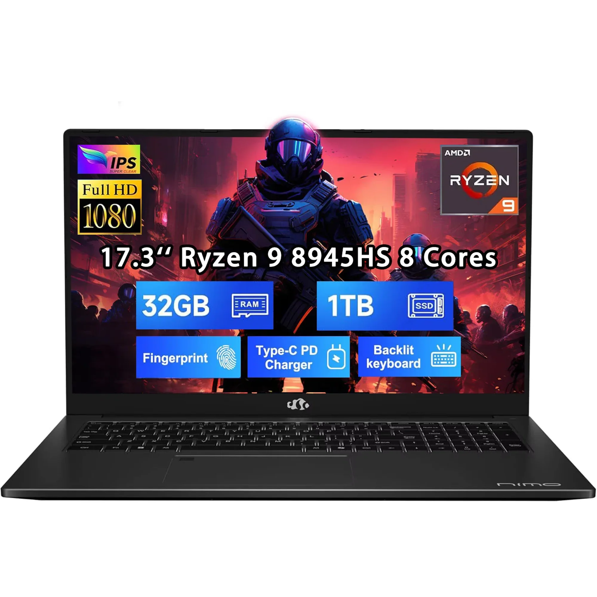 17.3" FHD New Gaming Laptop, AMD Ryzen 9 8945HS 32GB DDR5 RAM 1TB SSD (Up to 5.2GHz) Radeon 780M, PD 100W Type-C AI-Enhanced for Copilot VR Ready, Backlit Keyboard, Fingerprint, 75W Battery