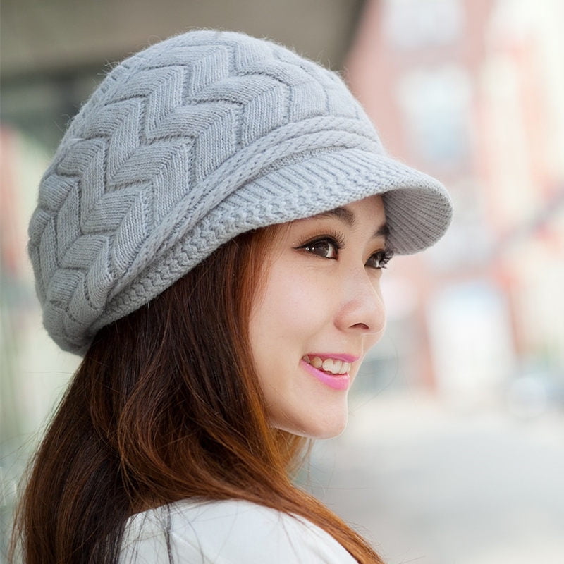 Women Winter Warm Knit Hat Wool Snow Ski Caps with Visor，Grey