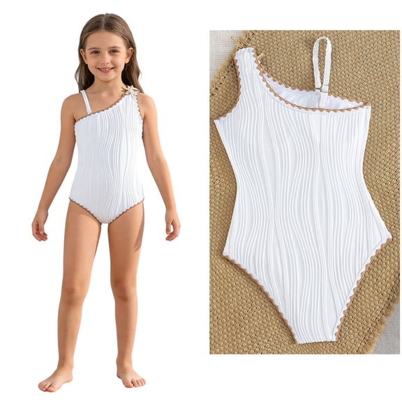 Kids 1 Piece Swimsuit Ribbed Swimming Suits Quick Dry Beach Swimwear with Adjustable Straps Kids Bathing Suit Girl 7-8 Years