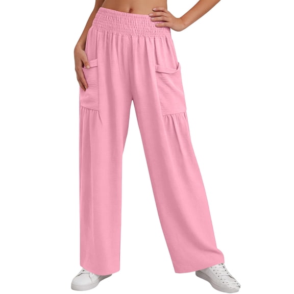 Cagogo Women Wide Leg Elastic Waist Pants with Pockets Casual Loose Long Trousers Flowy Beach Vacation Lounge Work Pants, Pink S