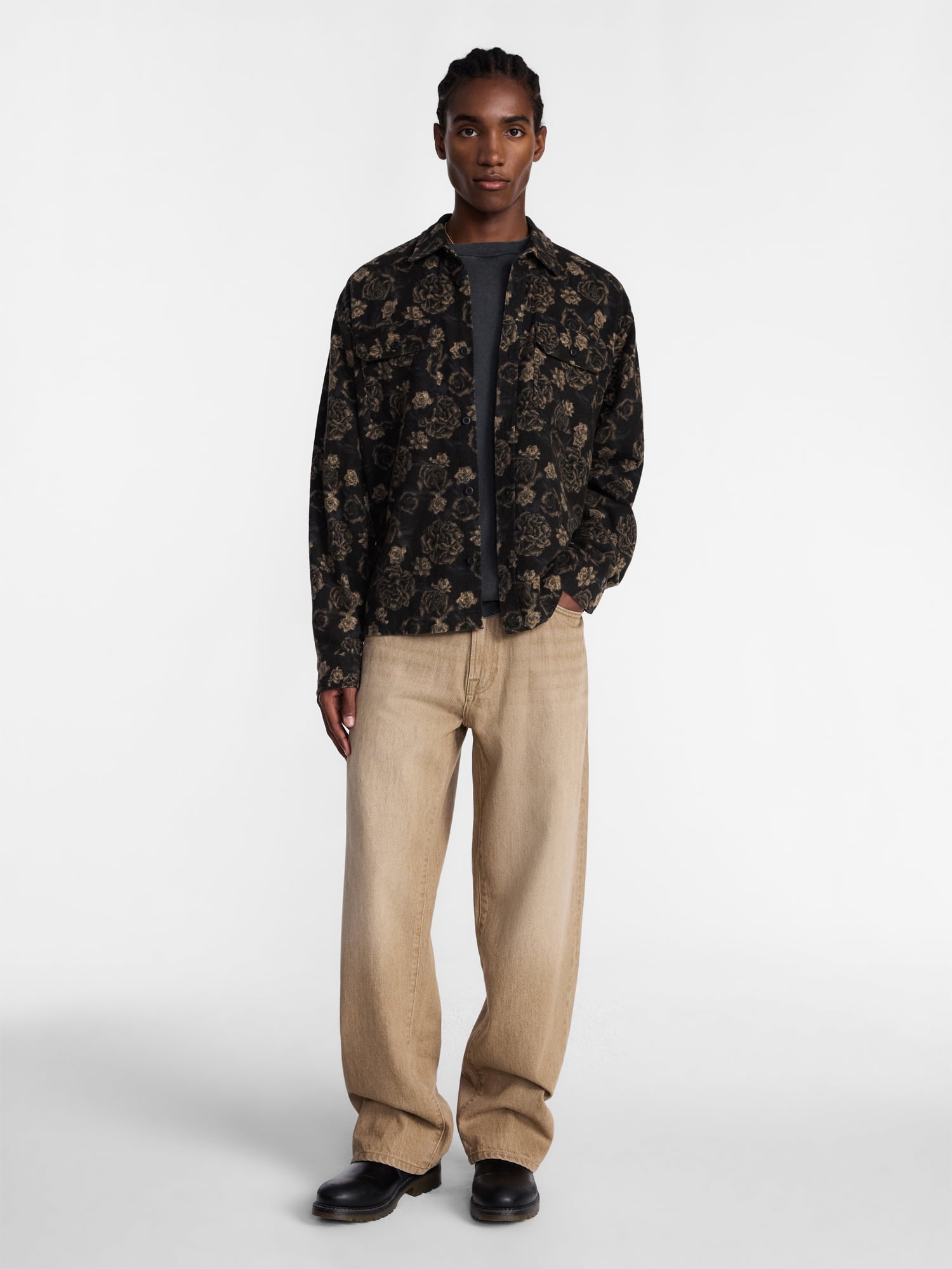 No Boundaries Cotton Boxy Cropped Fit Printed Flannel Shirt with Long Sleeves, Men's XS-5XB