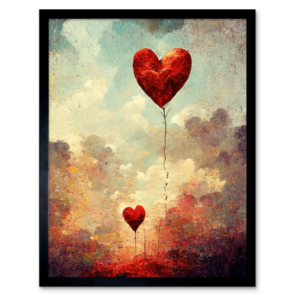 Modern Abstract Floating Red Love Heart Balloons Art Print Framed Poster Wall Decor 12x16 inch