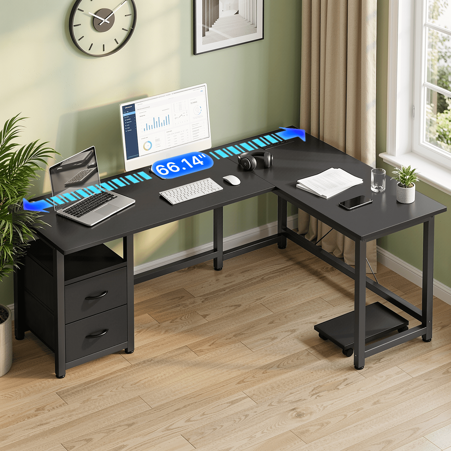 Asofer 66” L Shaped Desk with Drawers, Reversible Corner Computer Gaming Desk with Power Outlet,Black