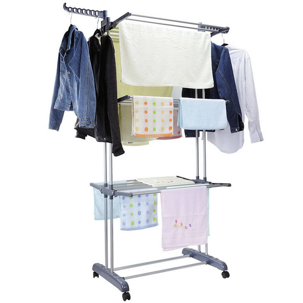 Details about   Folding Clothes Airer Horse 3 Tier Rolling Casters Drying Rack Hanging Garment 
