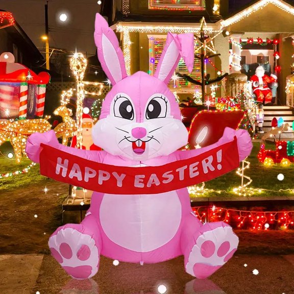 5FT Easter Inflatable Bunny Holding Happy Easter Banner With LED Lights, Outdoor Garden Yard Holiday Party Decorations