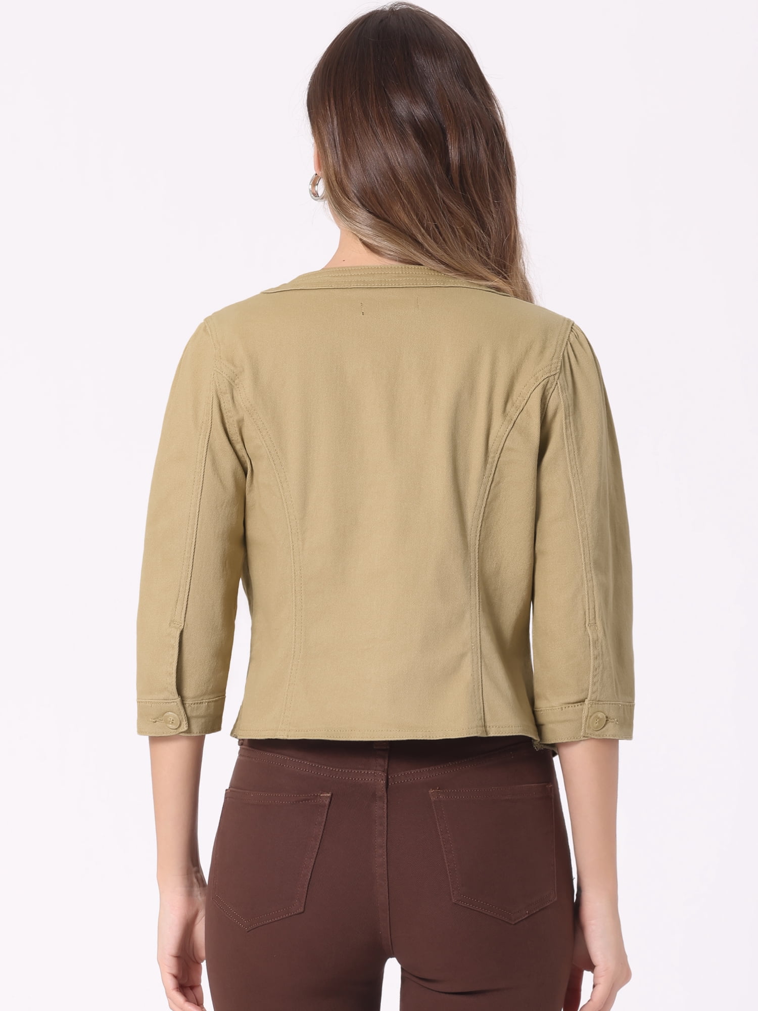 DARING DIVA Women's Collarless 3/4 Sleeve Open Front Denim Jacket XL Khaki