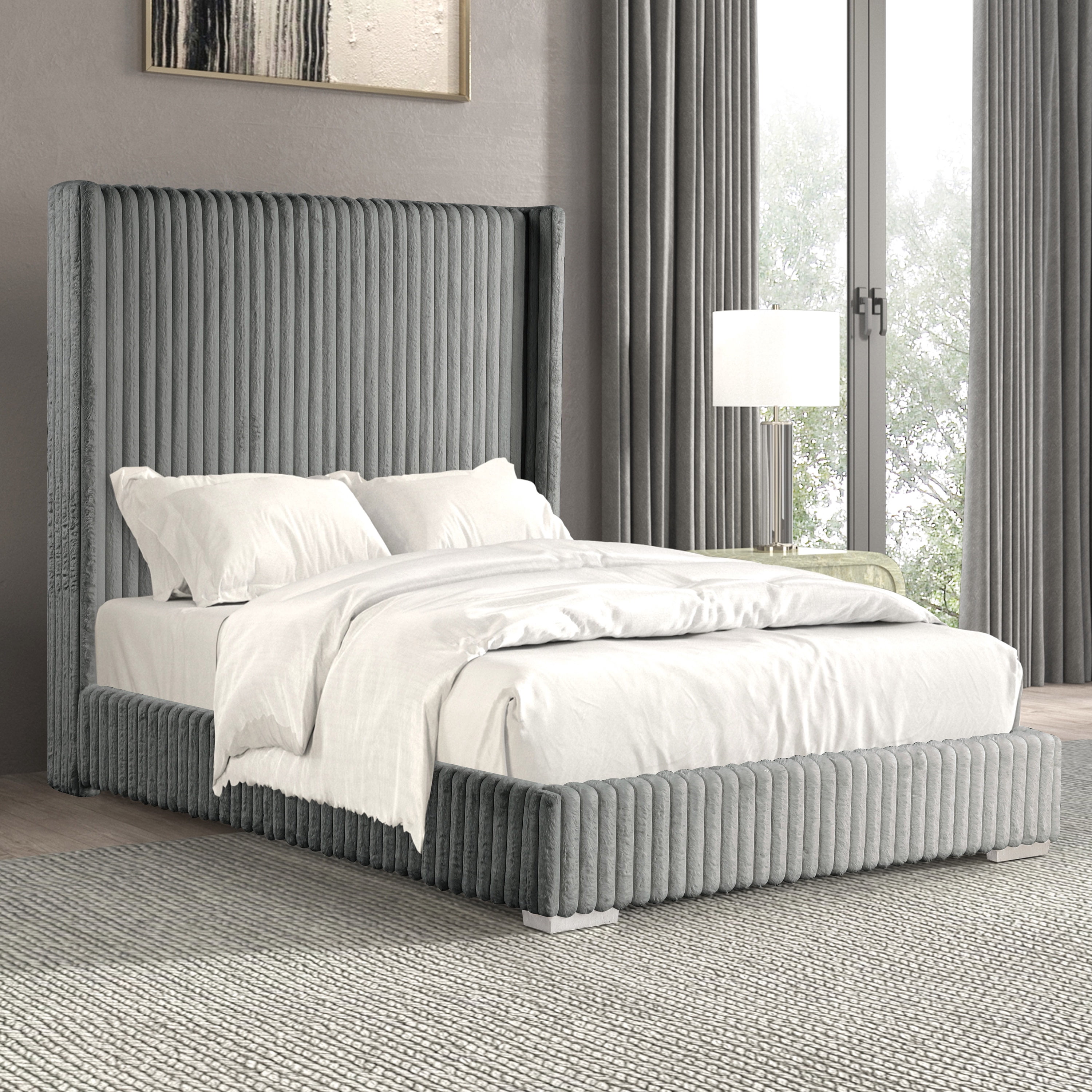 Furniture of America Cafein Kids Twin Extra Tall Tufted Fabric Wingback Mattress Ready Bed, Gray