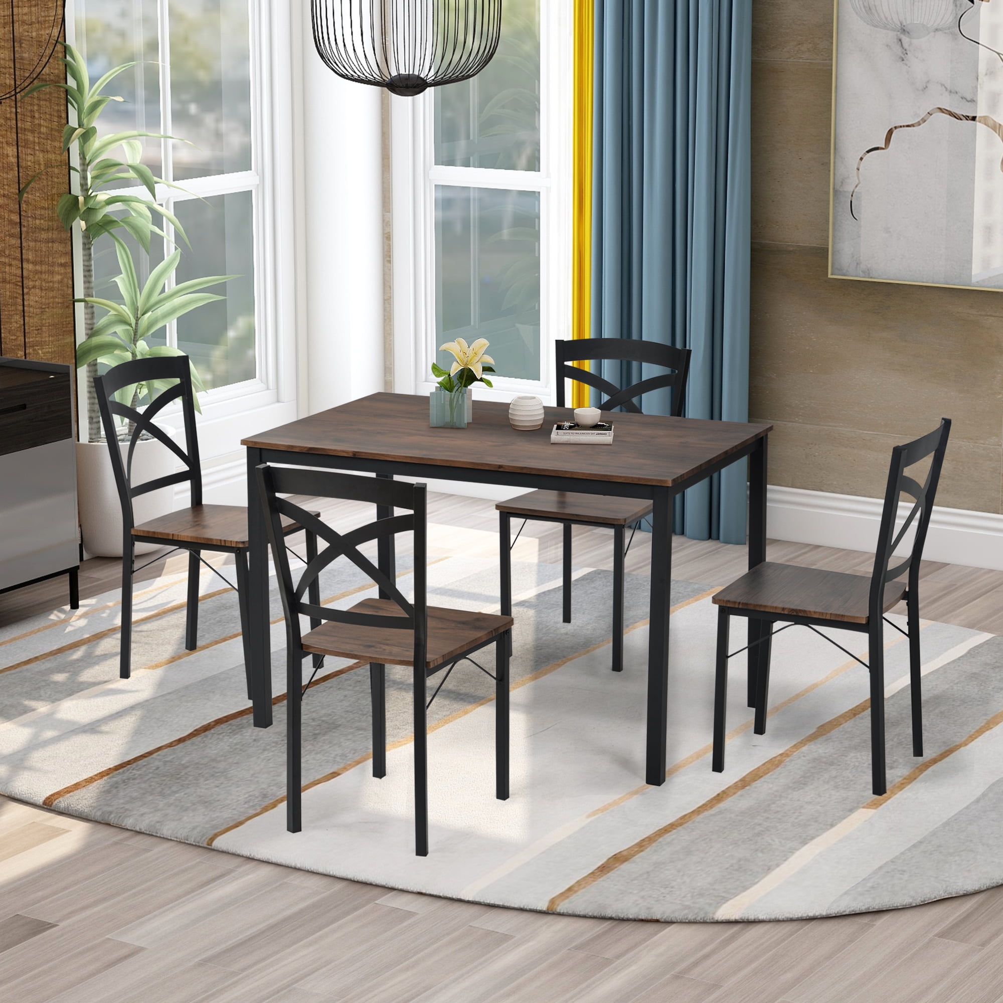 Resenkos Industrial Style 5 Piece Dining Table Set for Dining Room & Kitchen, 1 Table & 4 Chairs, Brown Resenkos Industrial Style 5 Piece Dining Table Set for Dining Room & Kitchen, 1 Table & 4 Chairs, Brown