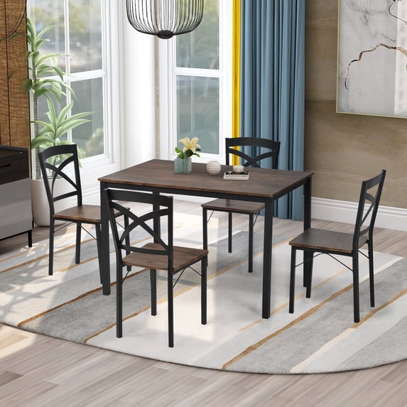 5-Piece Kitchen Dining Table Set, Industrial Style Wooden Dining Set with Metal Frame and 4 Ergonomic Chairs, Brown
