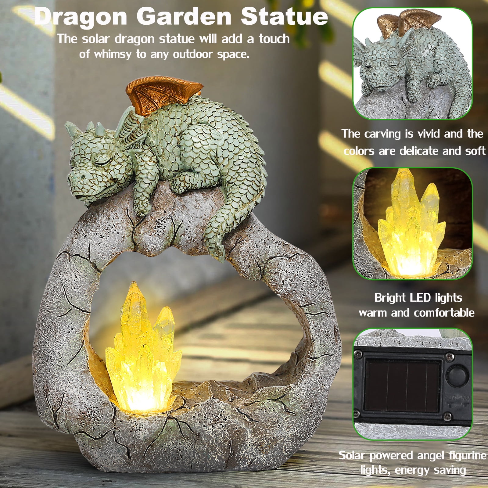 Solar Dragon Garden Statues Outdoor, Resin Dragon Statue Solar Figurine Lights Outdoor Waterproof, Solar Sculpture Dragon Decor for Garden Yard Patio, Dragon Gifts for Mom Grandma Women