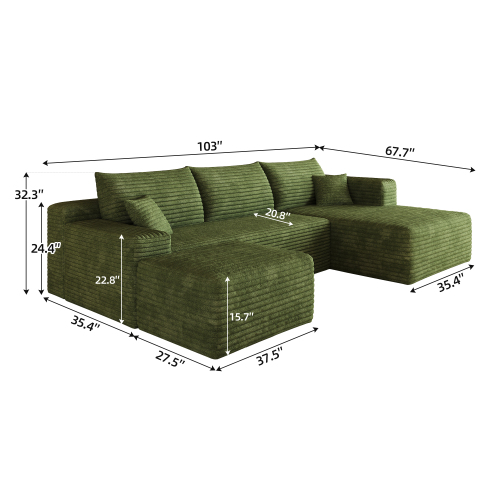 103" Cloud Sectional Sofa, Modern L Shaped Deep Seat Couch, Plush Corduroy Upholstered Sofa No Assembly, Living Room