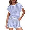 thumbnail image 2 of VBVC Women's Striped Crew Neck 2 Piece Set,Dolman Top and Elastic Waist Shorts For Women, Ladies' Soft Summer Loungewear With Pockets,Light Blue,S-2XL, 2 of 10