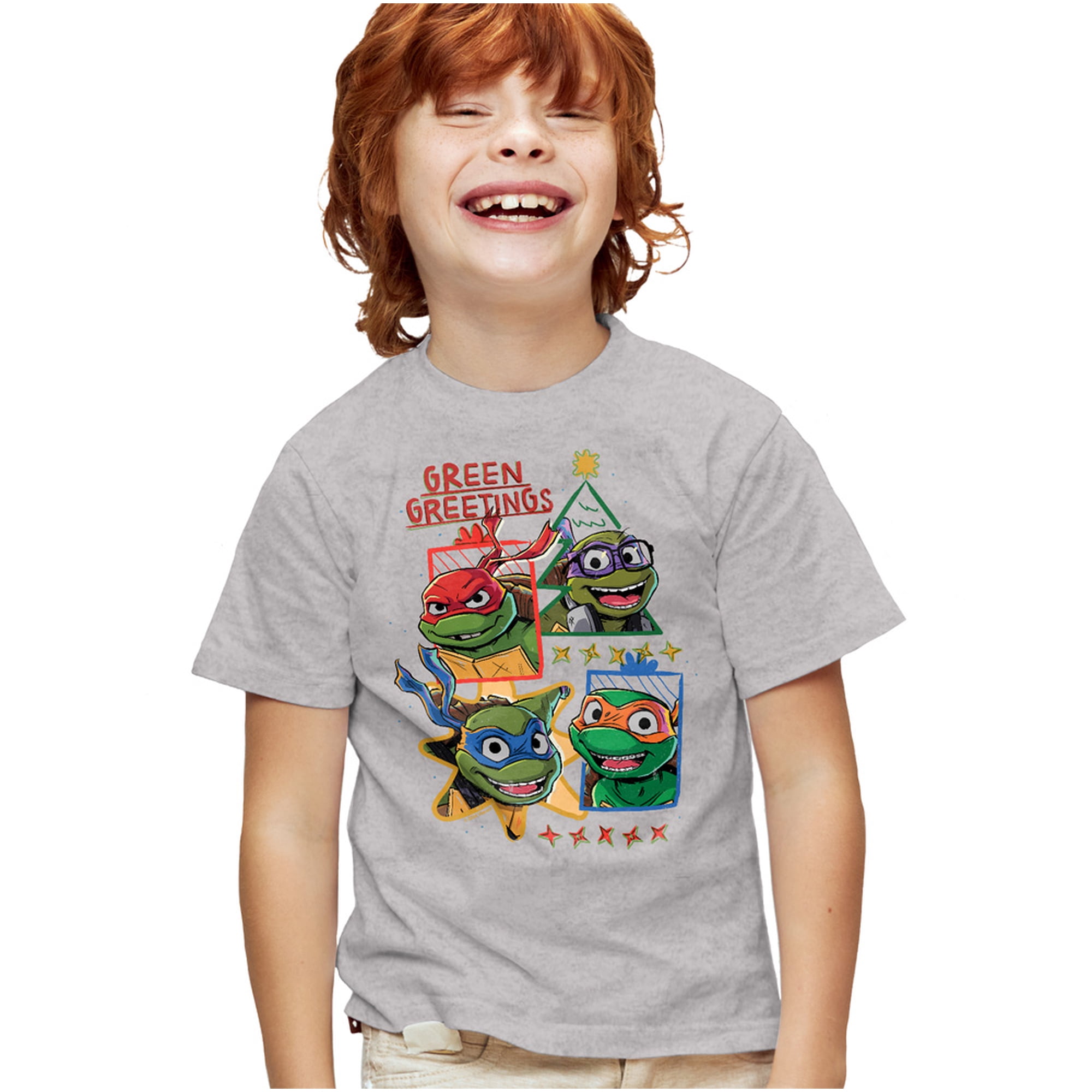 TMNT: Mutant Mayhem Christmas Green Greetings Kids T Shirt for Youth Boys and Girls, Athletic Heather, X-Large