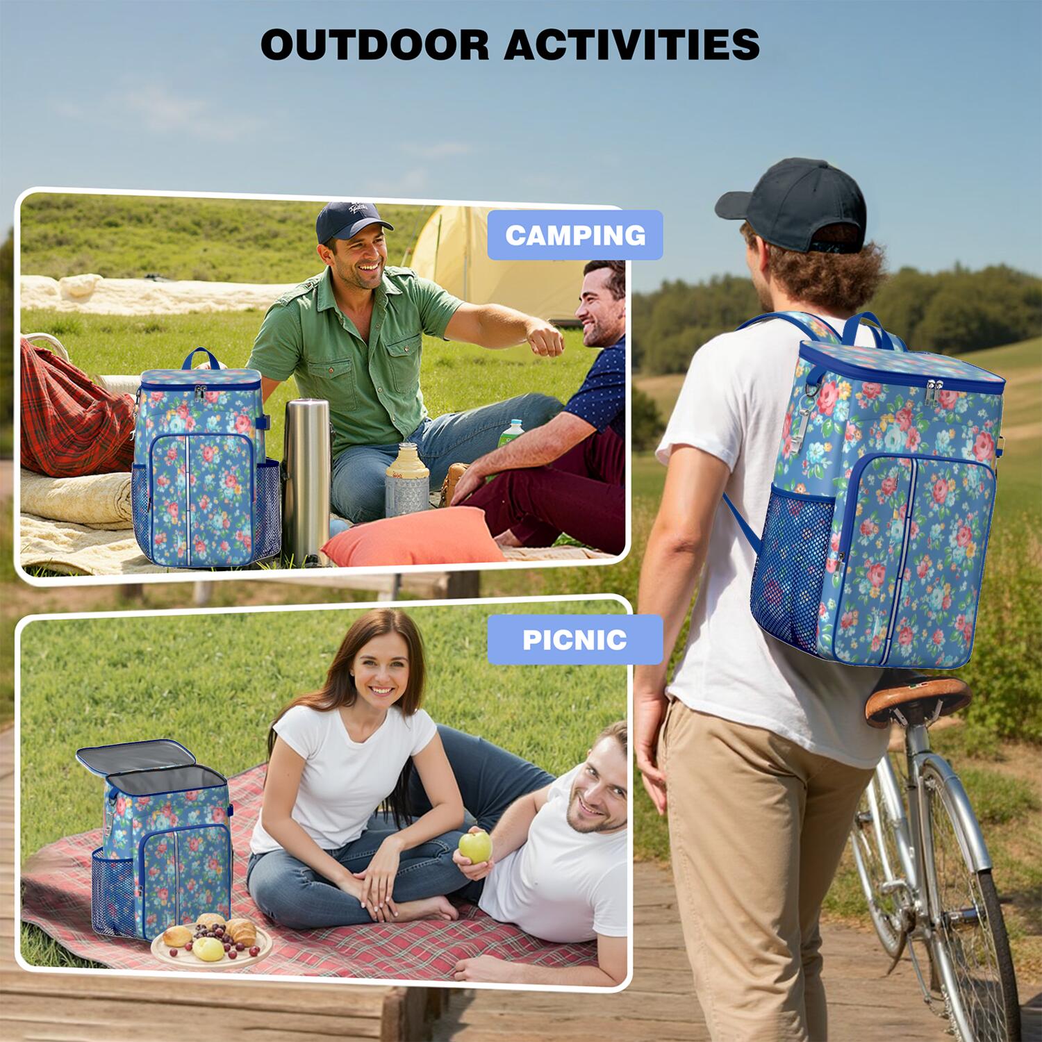 Travel Cooler Bag - Pioneer Flower Floral Print Pattern Camping Beer Cooler Backpack with Bottle Opener- Waterproof Insulated Picnic Backpacks - Cooler Bag for Beach