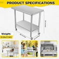 thumbnail image 3 of YUSAZENS 36 x 24 x 35 Inch Double Layer 0.7mm Thick Stainless Steel Workbench, Mobile Table with Side Hooks and Rolling Casters, Without Rear Back Panel, 3 of 6