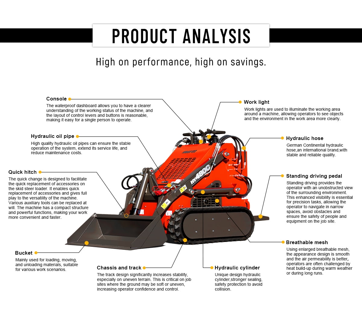 HUAYEE HY480C Mini Skid Steer Loader 23HP V-Twin Gas Engine - Tracked, Stand-On, Triple Pump Triple Valve - w/ Log Grapple & Delivery/Unloading Included