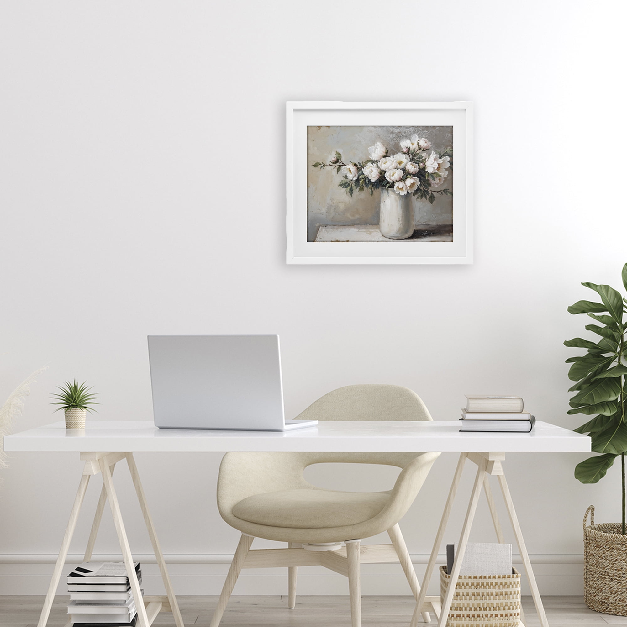 White Flowers in Vase Still Life White Framed Print Under Glass, design by Lettered and Lined