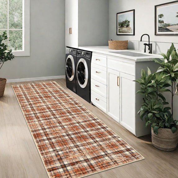 GlowSol 2'x8' Runner Rug Washable Plaid Rug Entryway Hallway Kitchen Runners Farmhouse Bedsides Runners Rug for Laundry Room, Orange