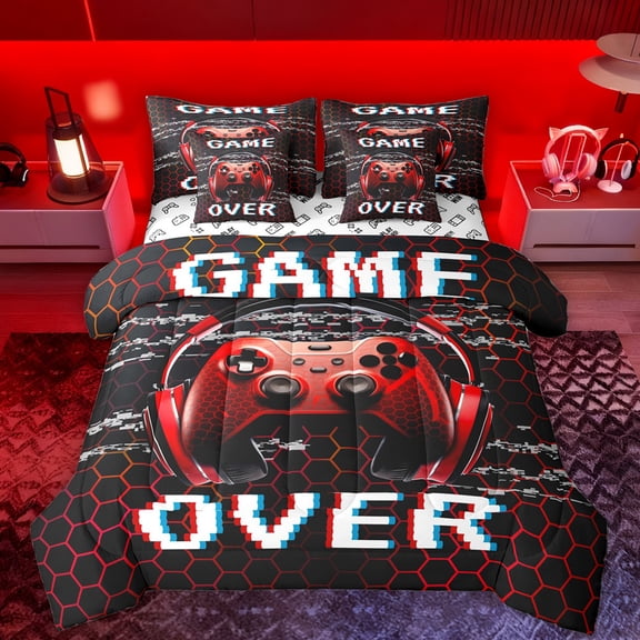 Manfei Game Console 7-Piece Twin Bedding Sets,Gamepad Gamer Bedding Comforter Set,Red Black Hexagon Sheet Sets For Kids,Super Cozy Room Decor Reversible