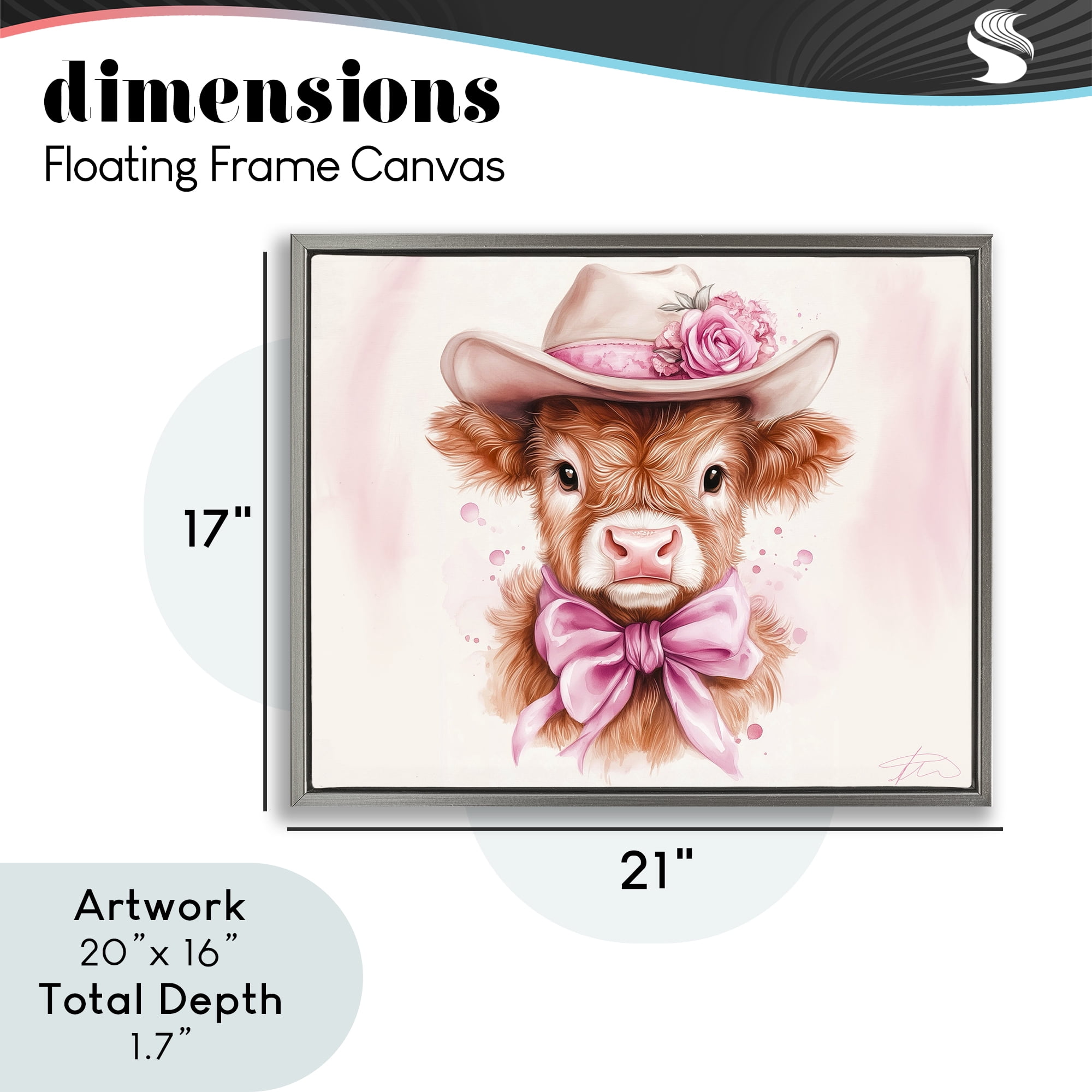 Pretty In Pink Cow Gray Framed Floater Canvas Wall Art, design by Shawna Stewart