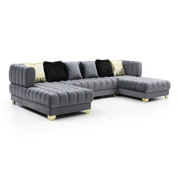 Pemberly Row Gray Velvet U-Shaped Double Chaise Sectional Sofa