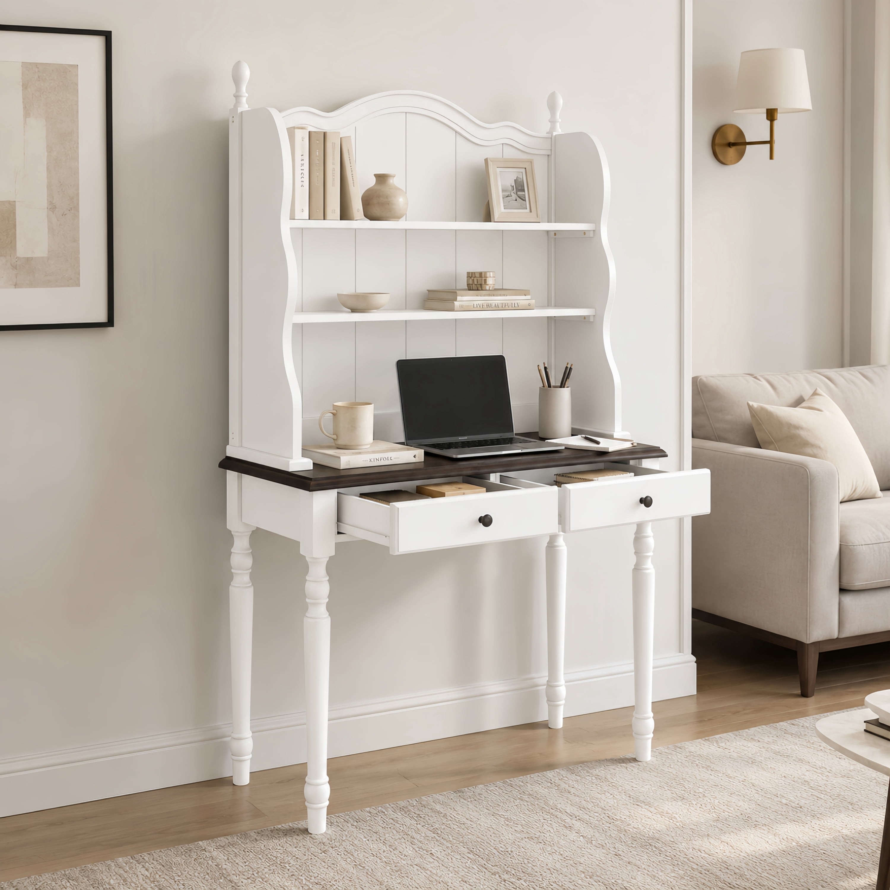 Euroco Mid-Century Computer Desk with Hutch and 2 Drawers, Wood Writing Desk Dressing Table,Study Workstation Table for Home Office Bedroom,Small Space,White
