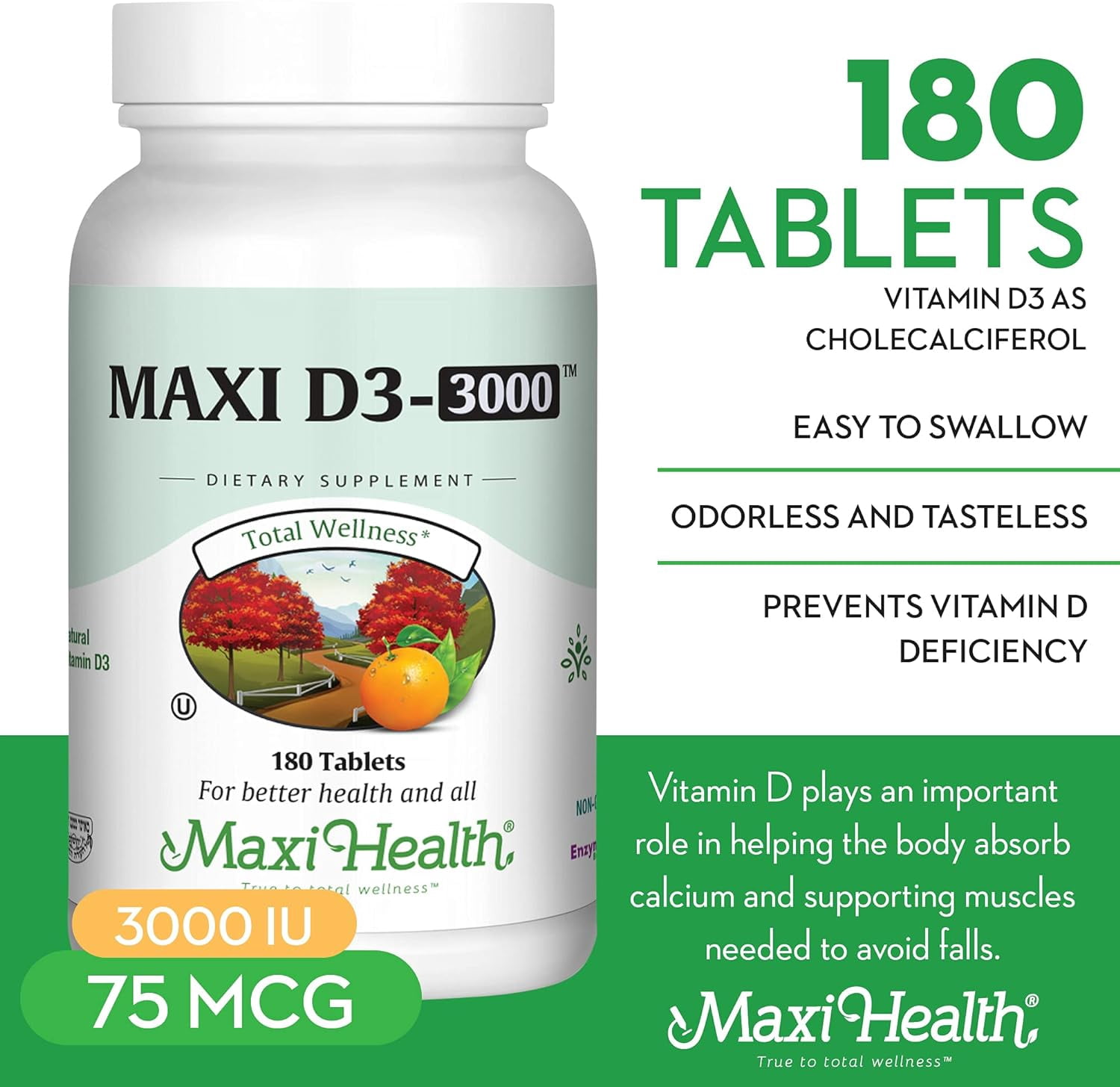 Maxi Health Vitamin D3 3000 IU – Bone & Immune Support Supplement – 180 Tablets – For Adults – Kosher