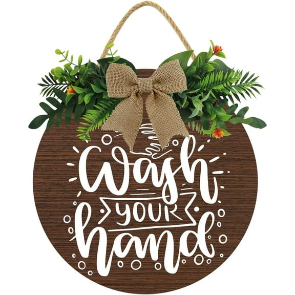 Eveokoki 11" Wash Your Hands Front Door Sign Funny Wreaths Hanging Wooden Plaque Decoration Round Rustic Wood Farmhouse Porch Decor for Home Front Door Decor