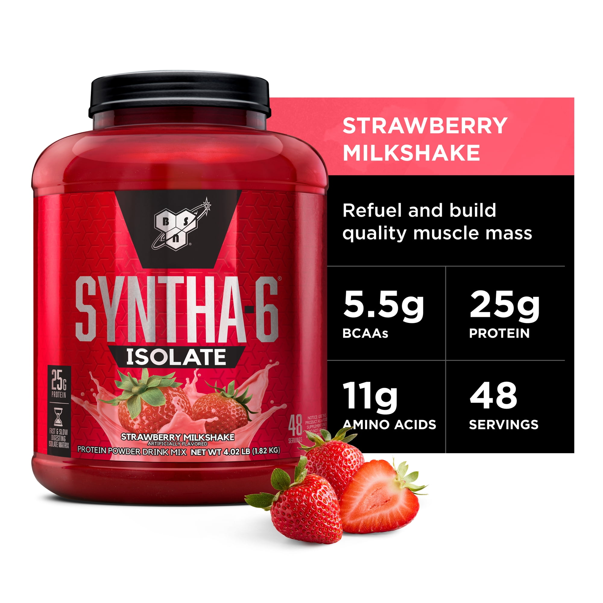 BSN Syntha-6® Isolate, Protein Powder Drink Mix, Strawberry Milkshake, 4.02 lbs (1.82 kg)